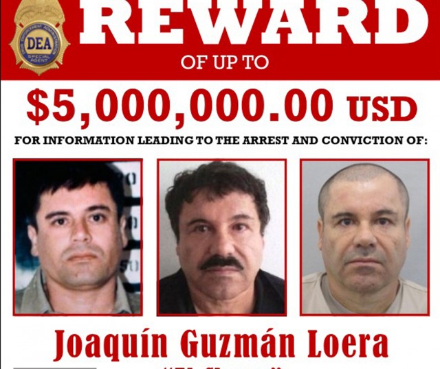 The U.S. Drug Enforcement Administration (DEA) wanted poster shows fugitive Mexican drug kingpin Joaquin "El Chapo" Guzman in this image made available in Washington August 5, 2015. The U.S. government believes fugitive Mexican drug kingpin Joaquin "El Chapo" Guzman is still in Mexico, and federal agents are working with Mexican authorities on his recapture, the acting head of the U.S. Drug Enforcement Administration said on Wednesday.  REUTERS/The Drug Enforcement Administration (DEA)/Handout via Reuters FOR EDITORIAL USE ONLY. NOT FOR SALE FOR MARKETING OR ADVERTISING CAMPAIGNS. THIS IMAGE HAS BEEN SUPPLIED BY A THIRD PARTY. IT IS DISTRIBUTED, EXACTLY AS RECEIVED BY REUTERS, AS A SERVICE TO CLIENTS - RTX1N84O