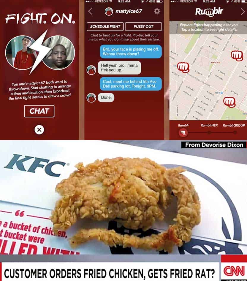 Un Tinder para pelearse llamado Rumblr o la rata, que no era tal, encontrada en un KFC son ejemplos  de noticias falsas.