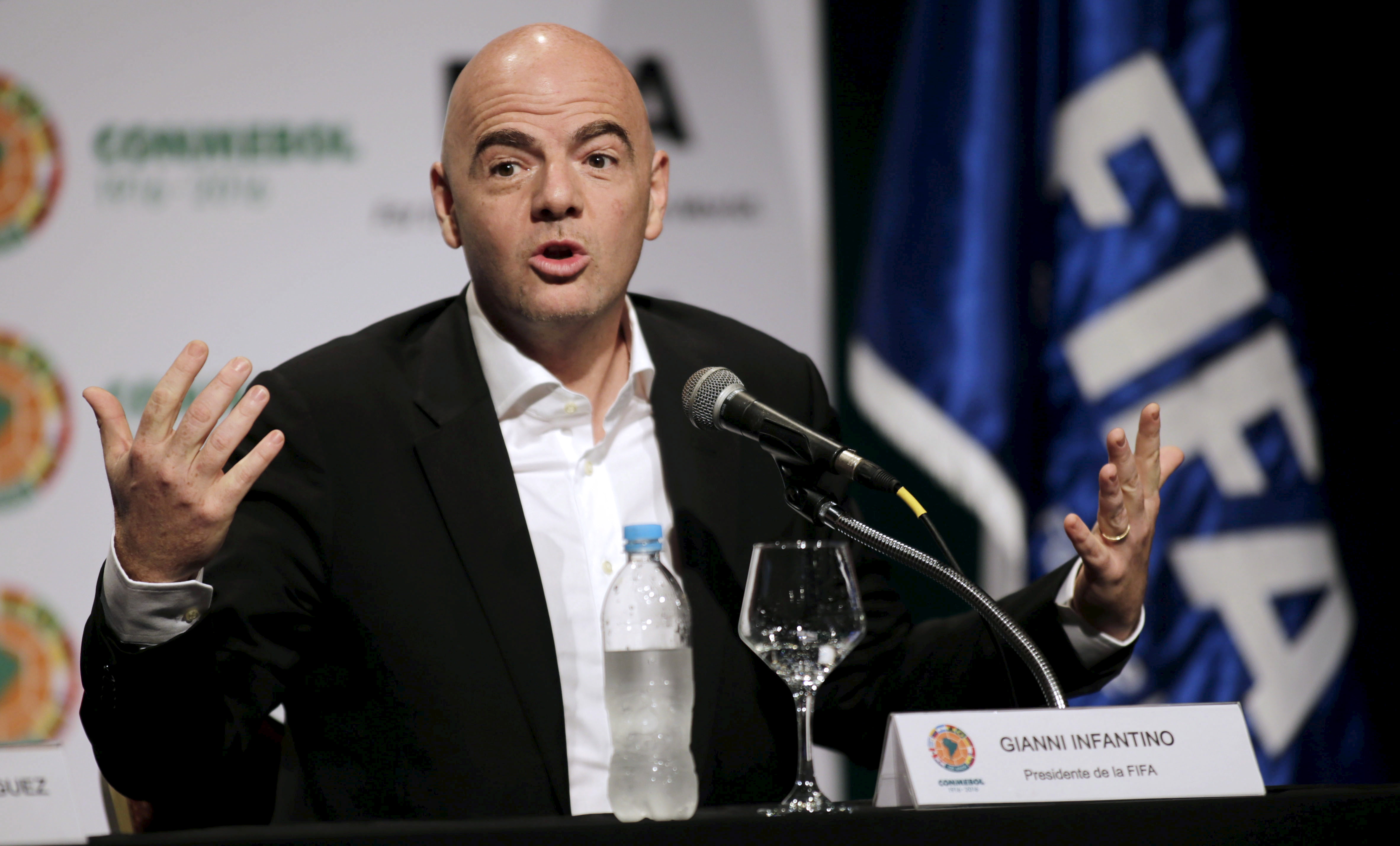 FIFA President Gianni Infantino speaks during a news conference at the South American Football Confderation (CONMEBOL) headquarters in Luque March 28, 2016. REUTERS/Jorge Adorno - RTSCK7U