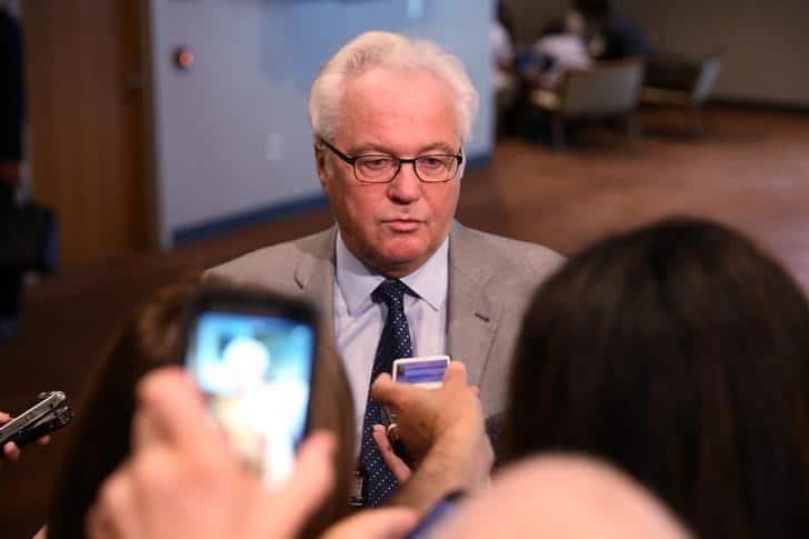 Vitaly Churkin, Russian ambassador to the United Nations, speaks to the media at United Nations headquarters in the Manhattan borough of New York, U.S., August 11, 2016. REUTERS/Carlo Allegri/Files