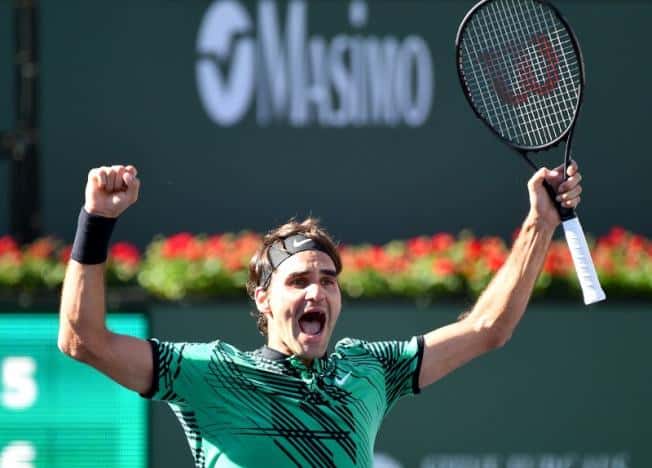 Mar 19, 2017; Indian Wells, CA, USA; Roger Federer (SUI)  celebrates at match point as he defeated Stan Wawrinka (not pictured) 7-6, 6-4 in the men's final in the BNP Paribas Open at the Indian Wells Tennis Garden. Mandatory Credit: Jayne Kamin-Oncea-USA TODAY Sports