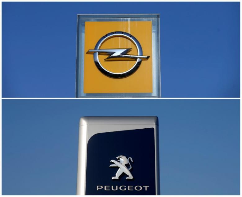FILE PHOTO: A combination picture shows the logos of Opel and Peugeot car manufacturers at dealerships of the brands in Strasbourg, France, February 14, 2017. REUTERS/Vincent Kessler/File Photo