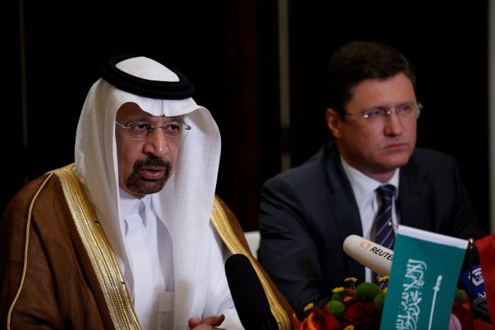 Saudi Arabia's Energy Minister Khalid al-Falih (L) and Russia's Energy Minister Alexander Novak attend a joint briefing in Beijing, China May 15, 2017. REUTERS/Aly Song