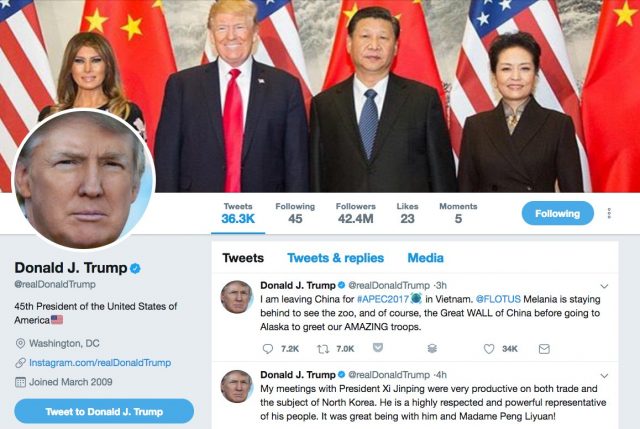 Donald Trump usó su Twitter para halagar a China durante su estancia