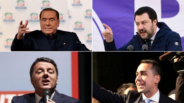 Silvio Berlusconi y Matteo Salvini - fila superior - lideran la carrera; Matteo Renzi espera que el centroizquierda gane y Luigi Di Maio los quiere a todos