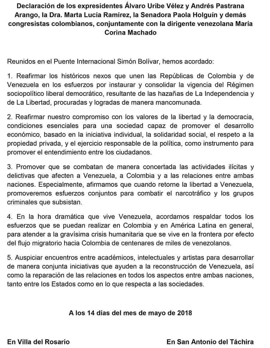 María Corina Machado, Uribe y Pastrana firman declaración sobre Venezuela