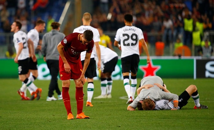 Soccer Football - Champions League Semi Final Second Leg - AS Roma v Liverpool - Stadio Olimpico, Rome, Italy - May 2, 2018   Roma's Patrik Schick looks dejected after the match as Liverpool players celebrate   REUTERS/Tony Gentile