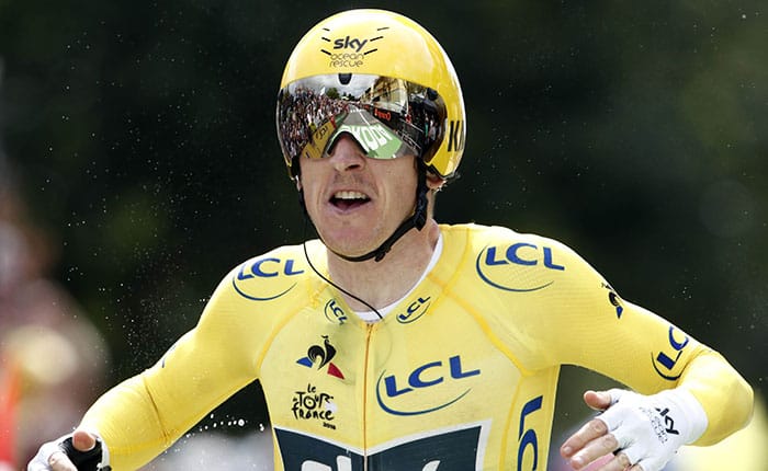 Cycling - Tour de France - The 31-km Stage 20 Individual Time Trial from Saint-Pee-sur-Nivelle to Espelette - July 28, 2018 - TTeam Sky rider Geraint Thomas of Britain, wearing the overall leader's yellow jersey, celebrates as he finishes. REUTERS/Benoit Tessier