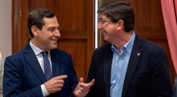 Avanzan acuerdos para cambio de Gobierno en Andalucía. El PP presidirá la Junta y Ciudadanos encabezará el Parlamento. En la imagen Juanma Moreno (PP) y Juan Marín (Cs)/Cortesía