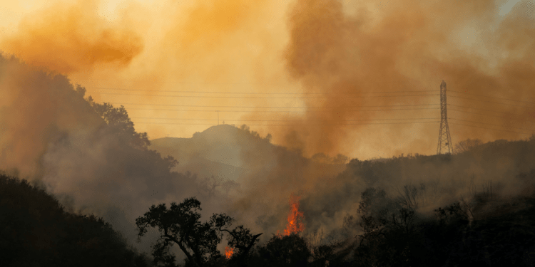 El incendio forestal Bond Fire continúa ardiendo junto a las líneas eléctricas cerca del Cañón Modjeska, California